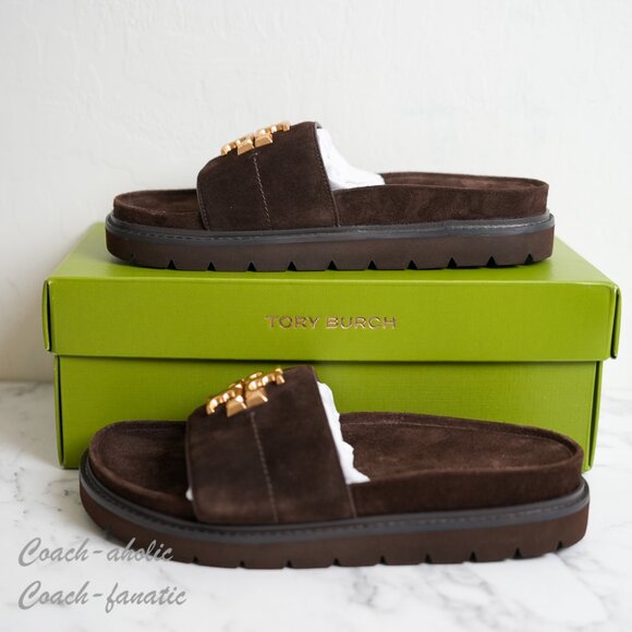 NIB Tory Burch Everly Anatomic Lug suede Slide Sandal in Dark Cocoa /Coconut - Picture 3 of 8